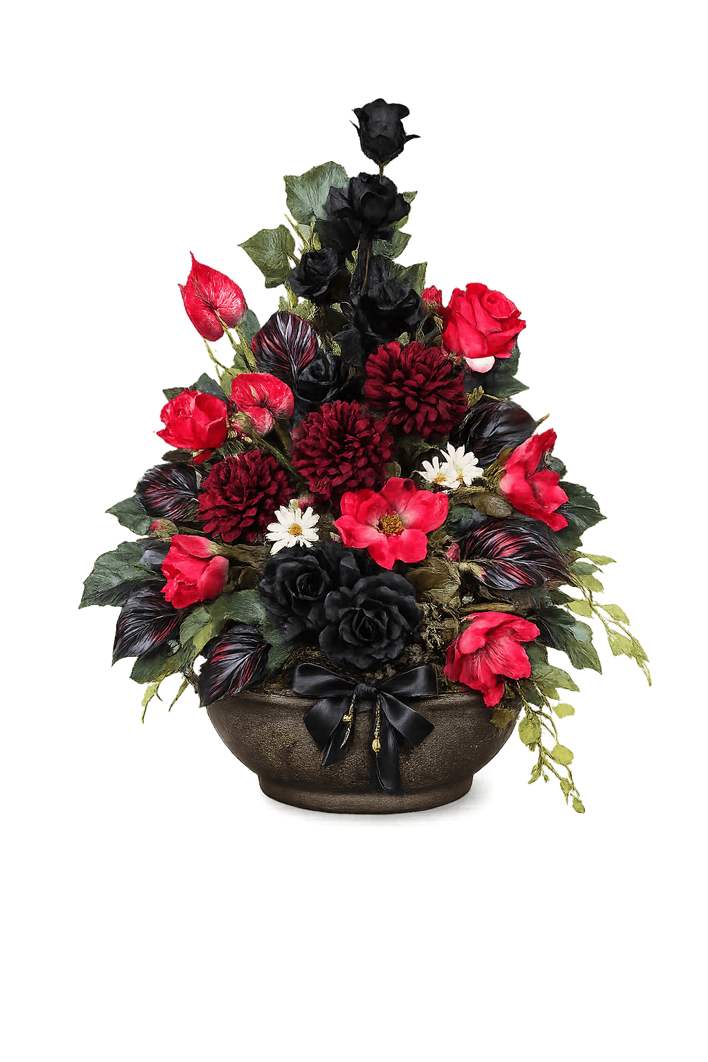 Stroik 8 – elegancki stroik nagrobny czarno-czerwony w misie – Kwiaciarnia Iga Hrubieszów