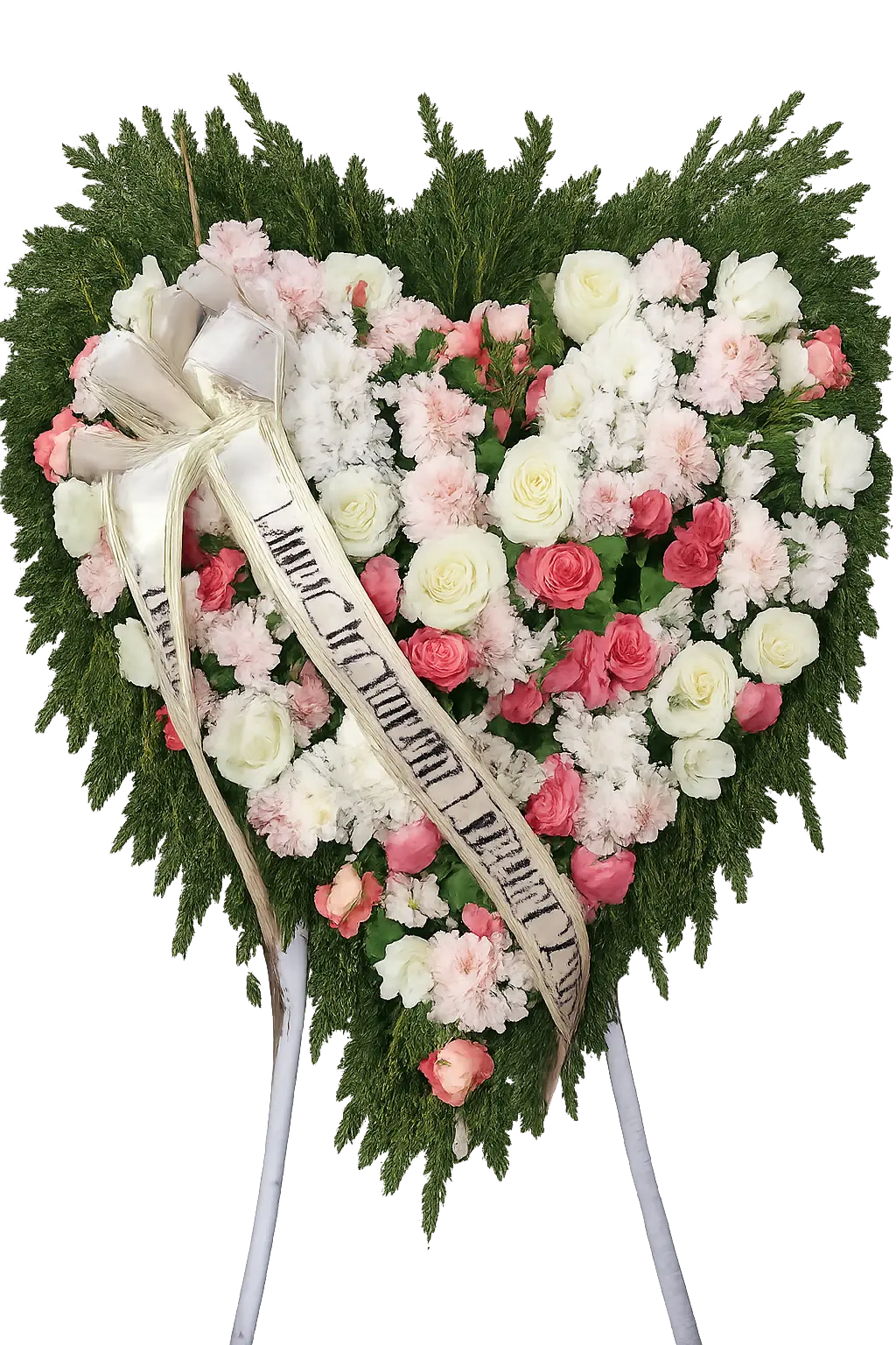 Elegancki wieniec pogrzebowy w kształcie serca z róż i goździków