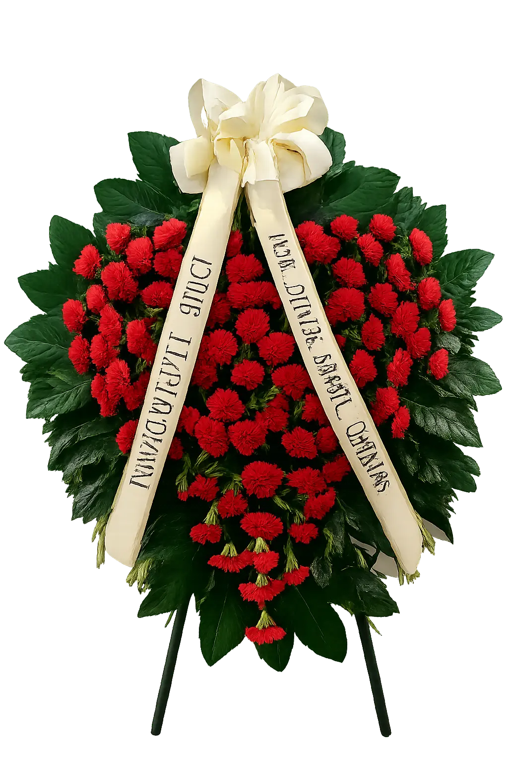 Klasyczny wieniec pogrzebowy z czerwonych goździków z jasną szarfą