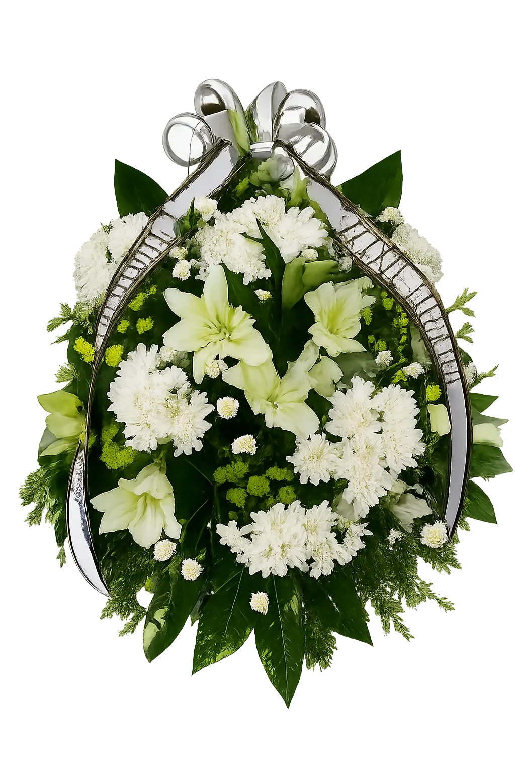 Wieniec 44 – Elegancki wieniec pogrzebowy z białych lilii i chryzantem w srebrnej oprawie