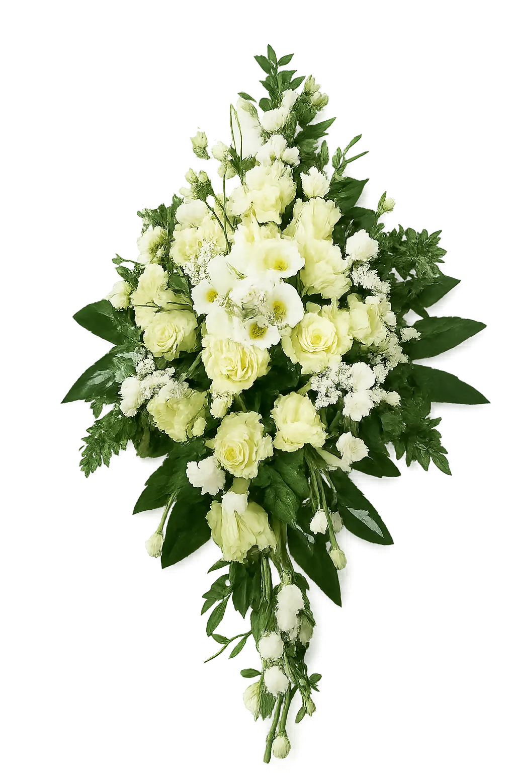 Wieniec 48 – Kaskadowy wieniec pogrzebowy z kremowych róż i zieleni