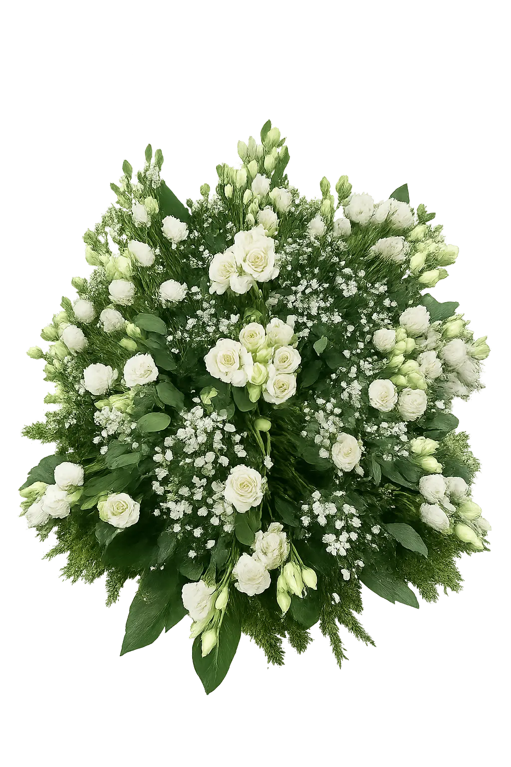 Wieniec 43 – Klasyczny biały wieniec pogrzebowy z róż i gipsówki