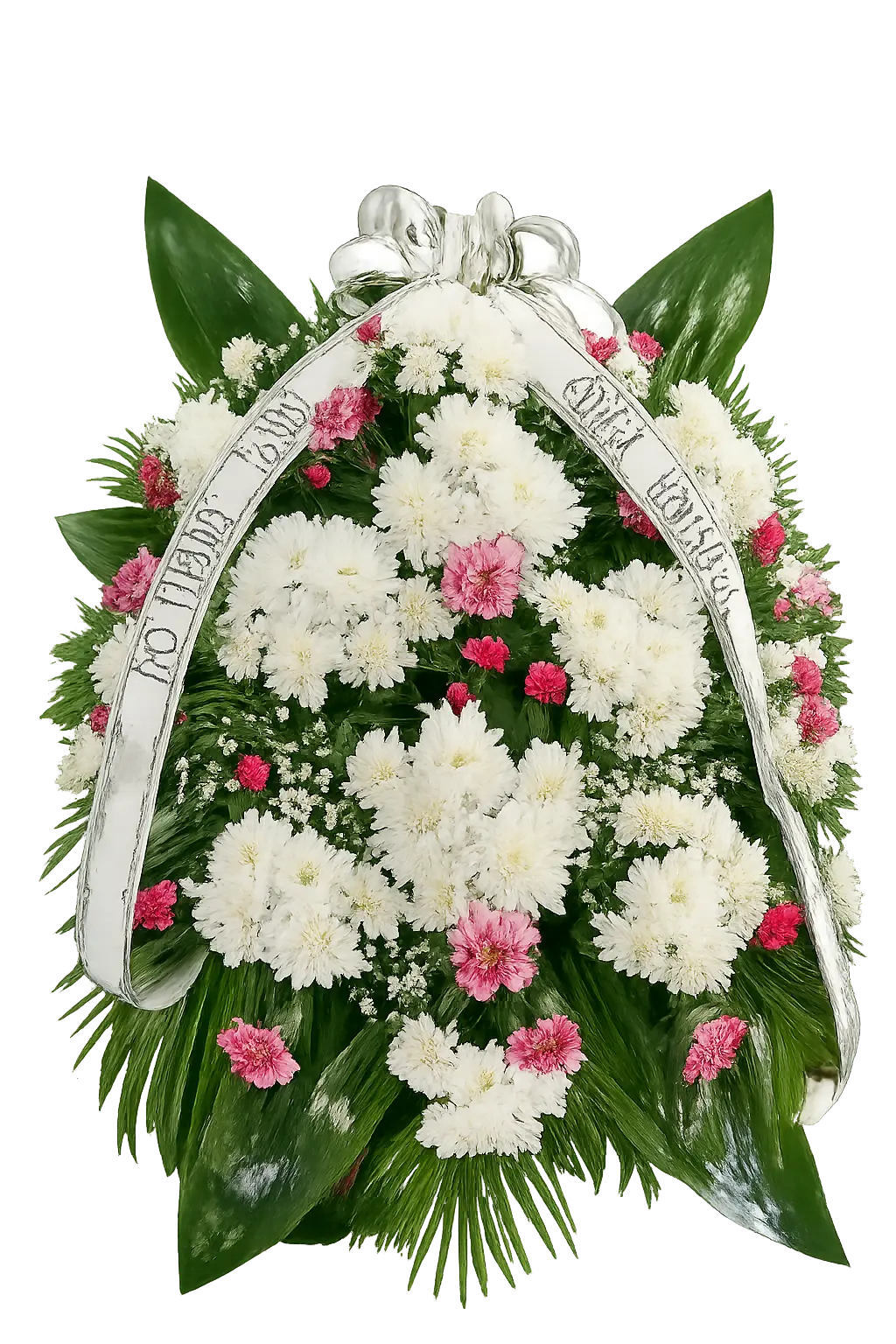 Wieniec 51 – Klasyczny wieniec pogrzebowy z białych chryzantem i różowych goździków z szarfą