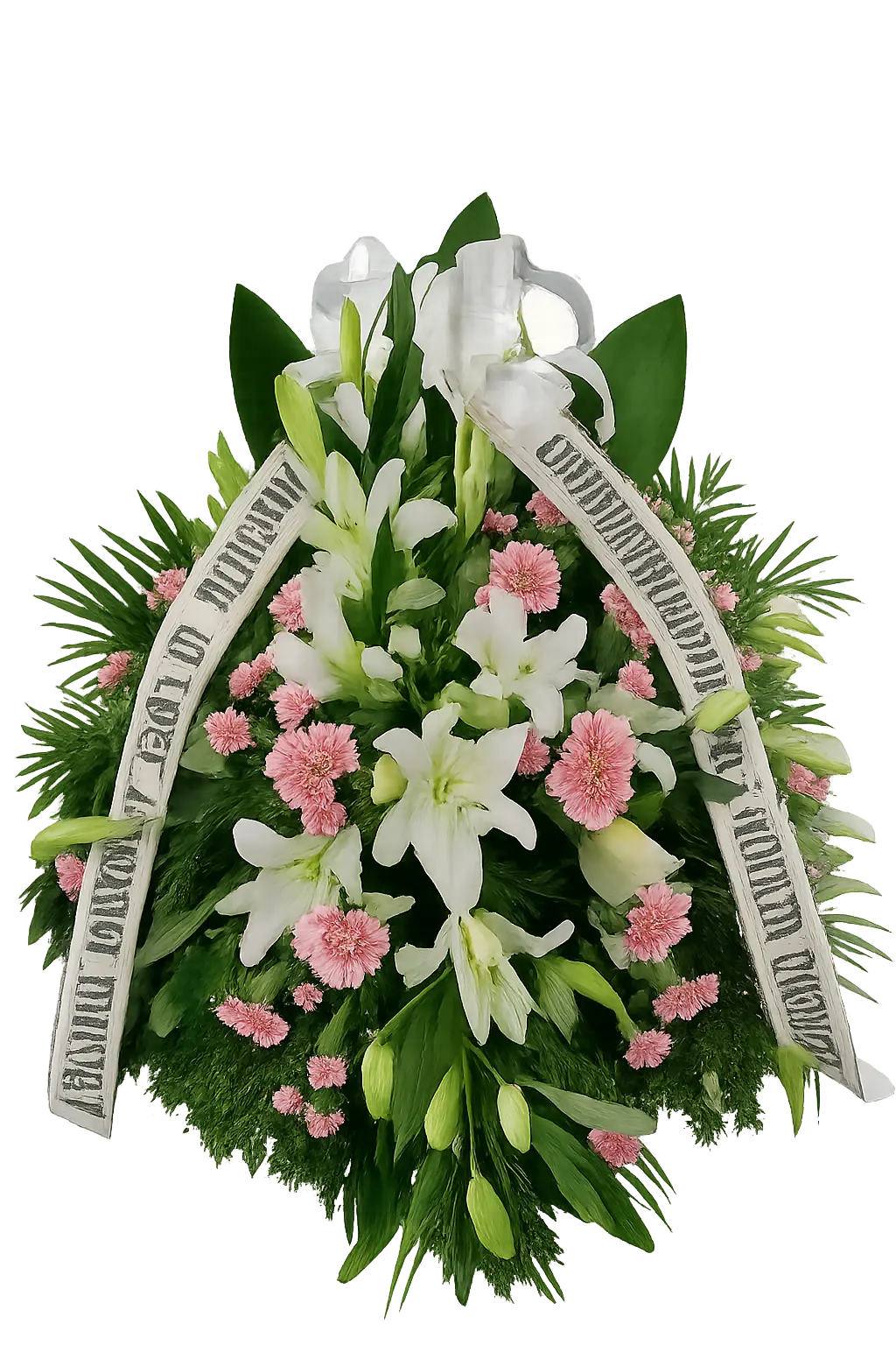 Wieniec 47 – Wieniec pogrzebowy z białych lilii i różowych goździków z szarfą