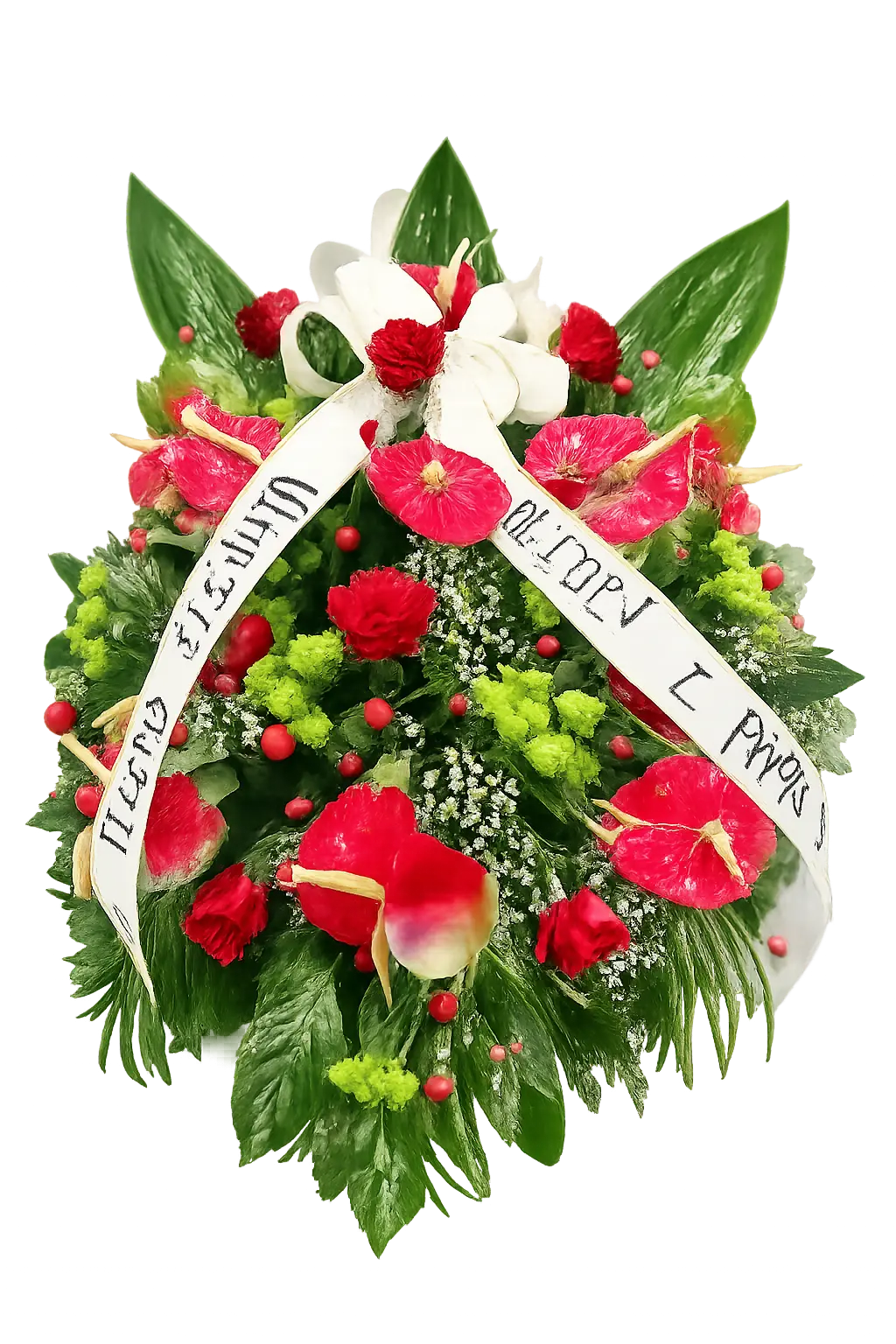 Wieniec 50 – Wieniec pogrzebowy z czerwonym anturium i goździkami z szarfą