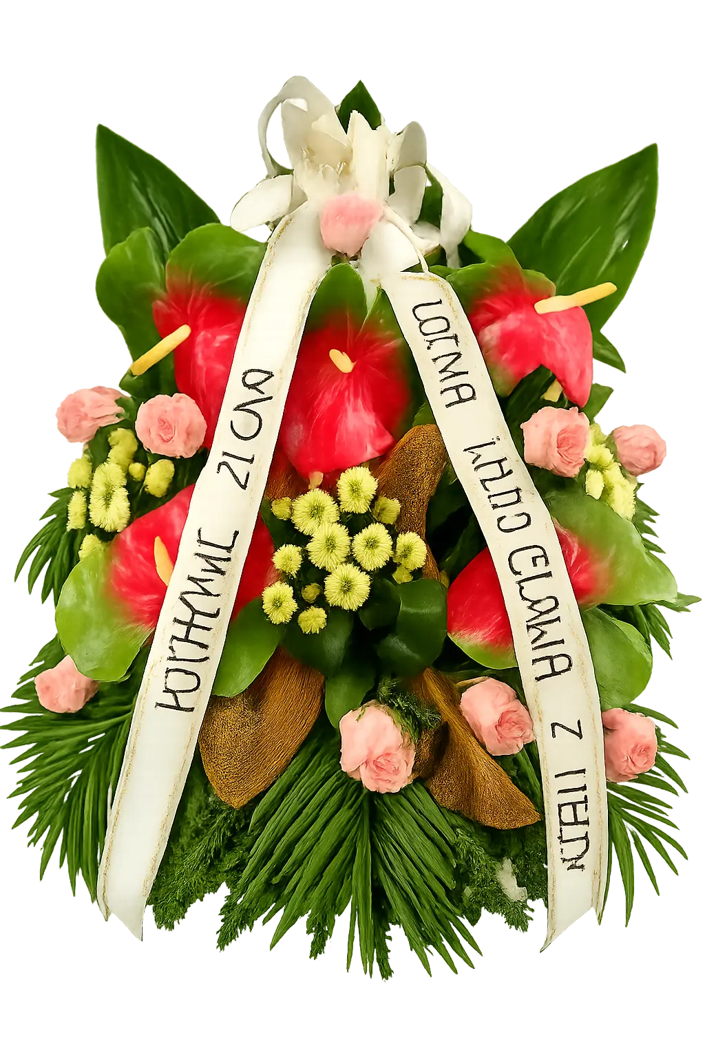 Wieniec 49 – Wieniec pogrzebowy z czerwonym anturium, różami i lilią z szarfą