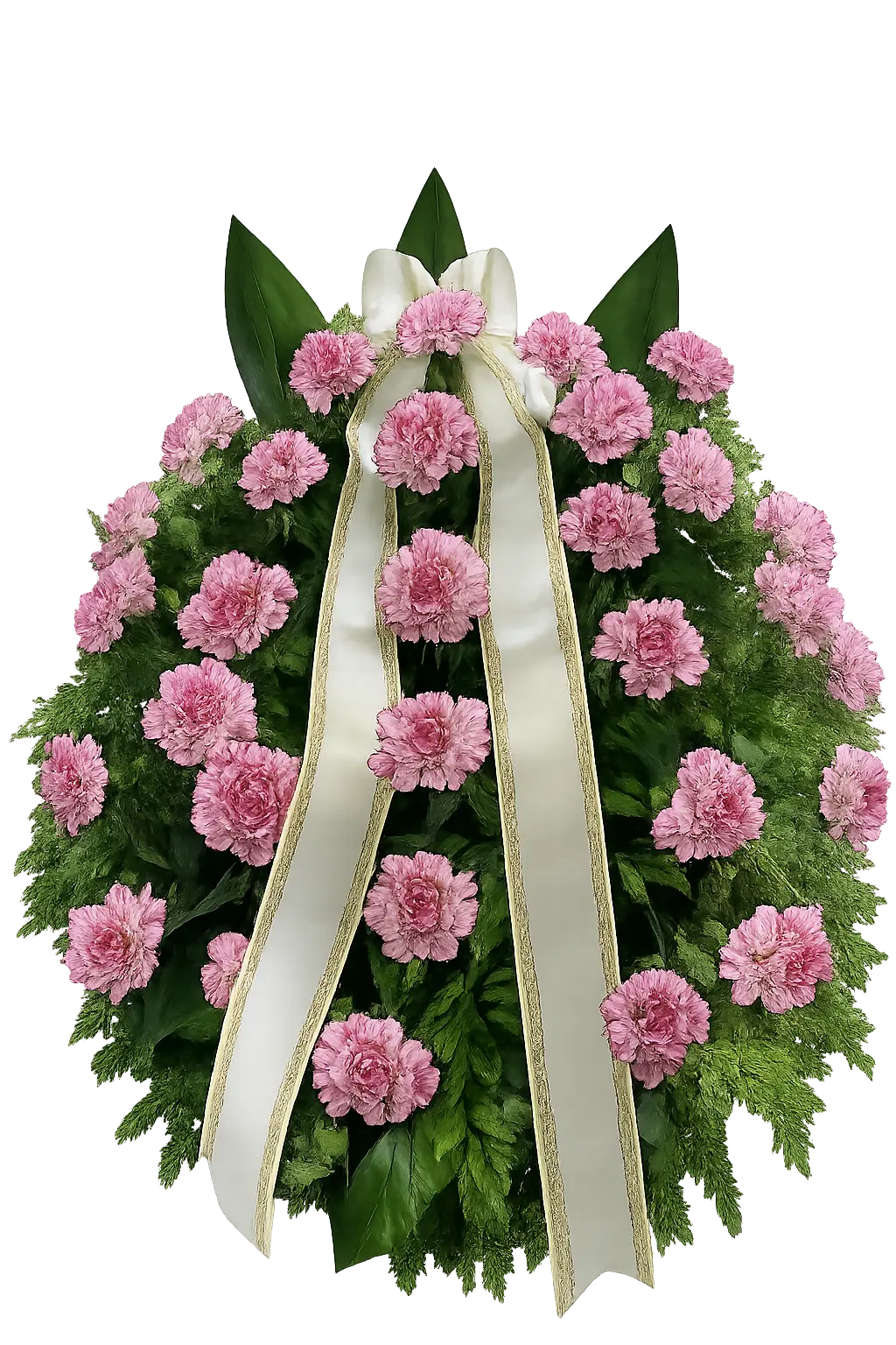 Delikatny wieniec pogrzebowy z jasnoróżowych goździków z kremową szarfą