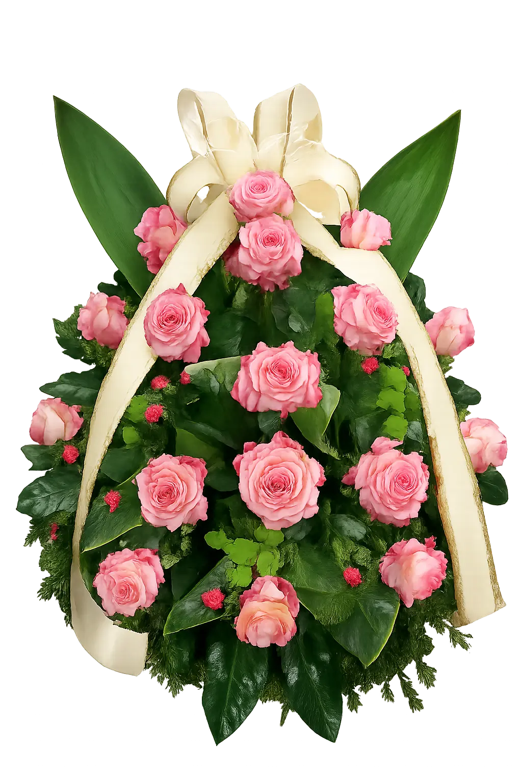 Delikatny wieniec pogrzebowy z jasnoróżowych róż z kremową szarfą