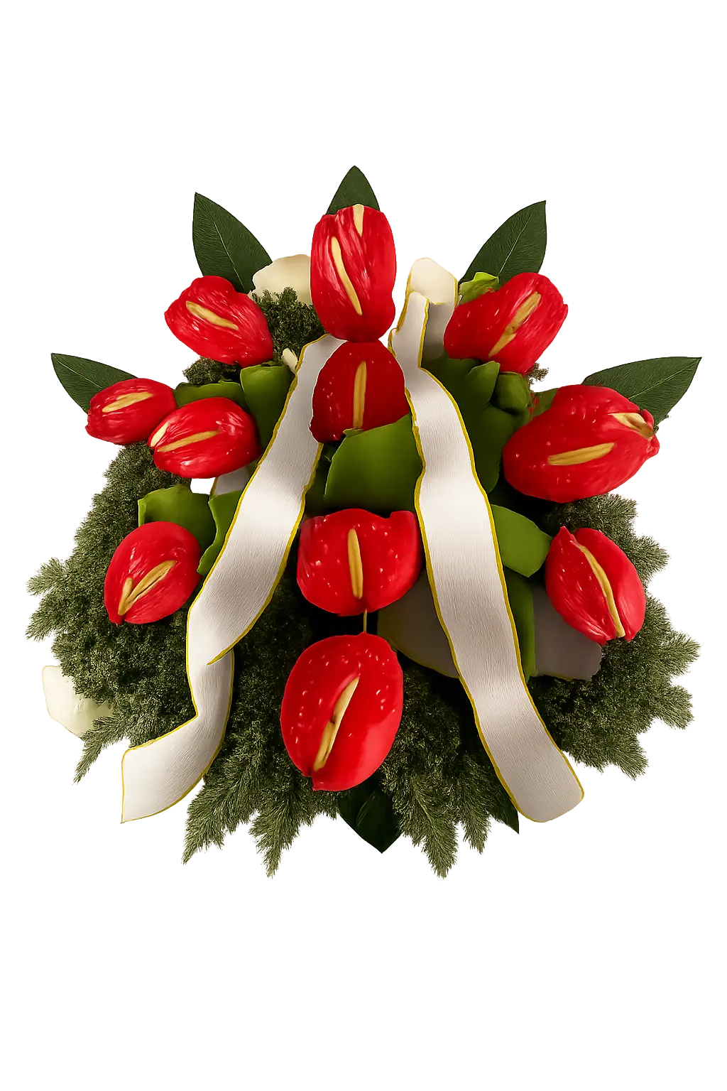 Elegancki wieniec pogrzebowy z czerwonych anturium z jasną szarfą