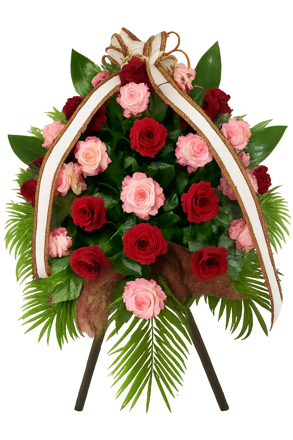 Elegancki wieniec pogrzebowy z czerwonych i różowych róż