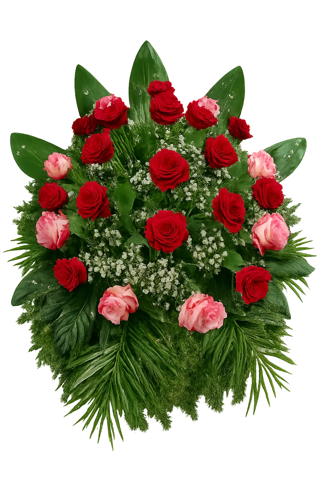 Elegancki wieniec pogrzebowy z czerwonych i różowych róż