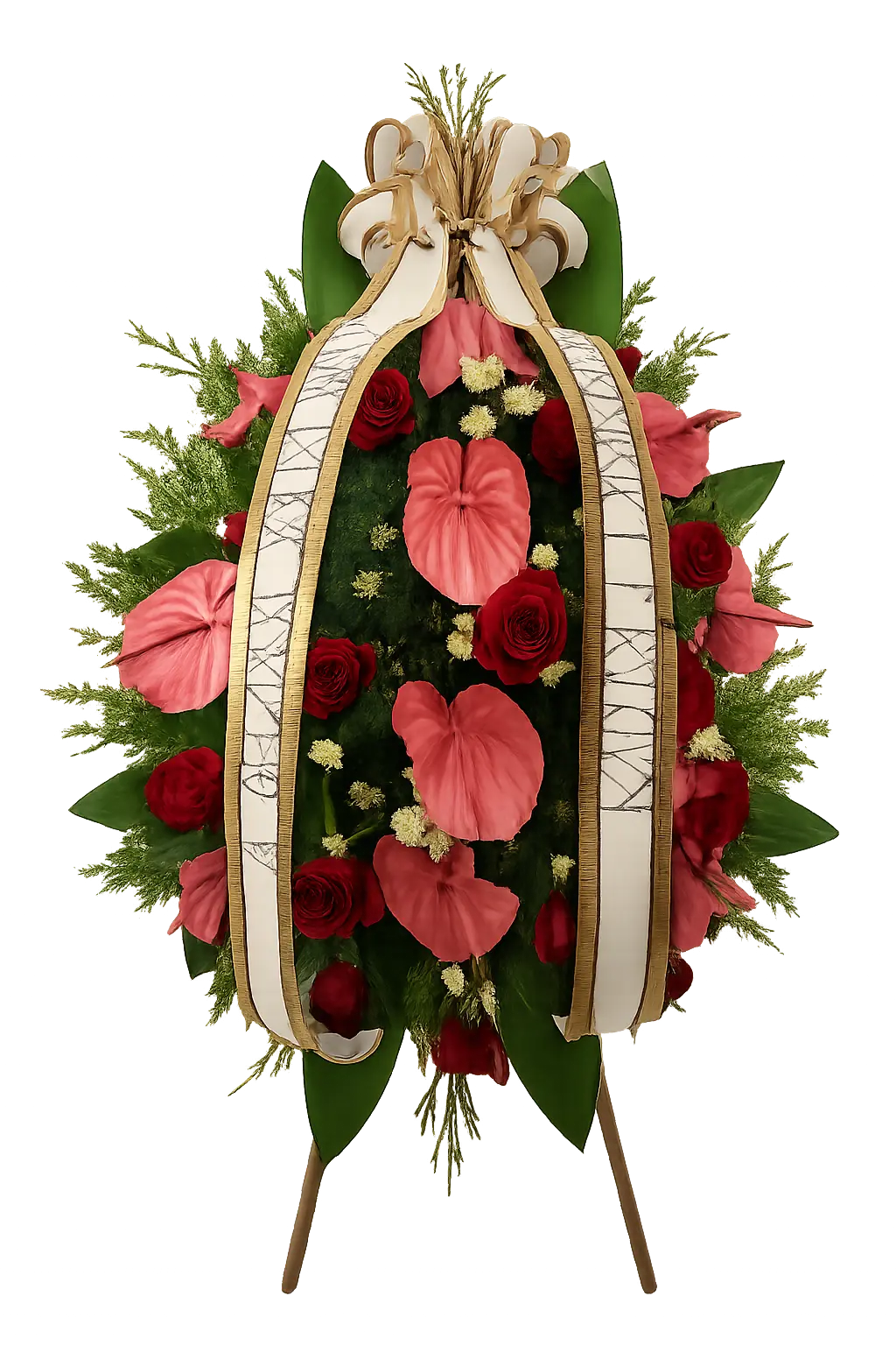 Elegancki wieniec pogrzebowy z czerwonych róż i różowego anturium