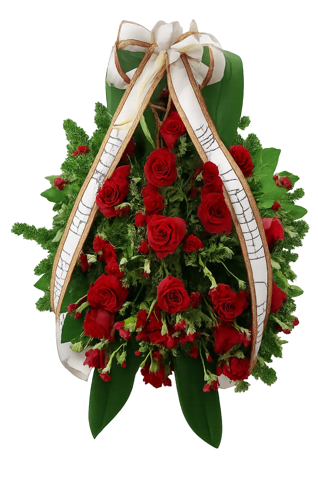 Elegancki wieniec pogrzebowy z czerwonych róż i zieleni