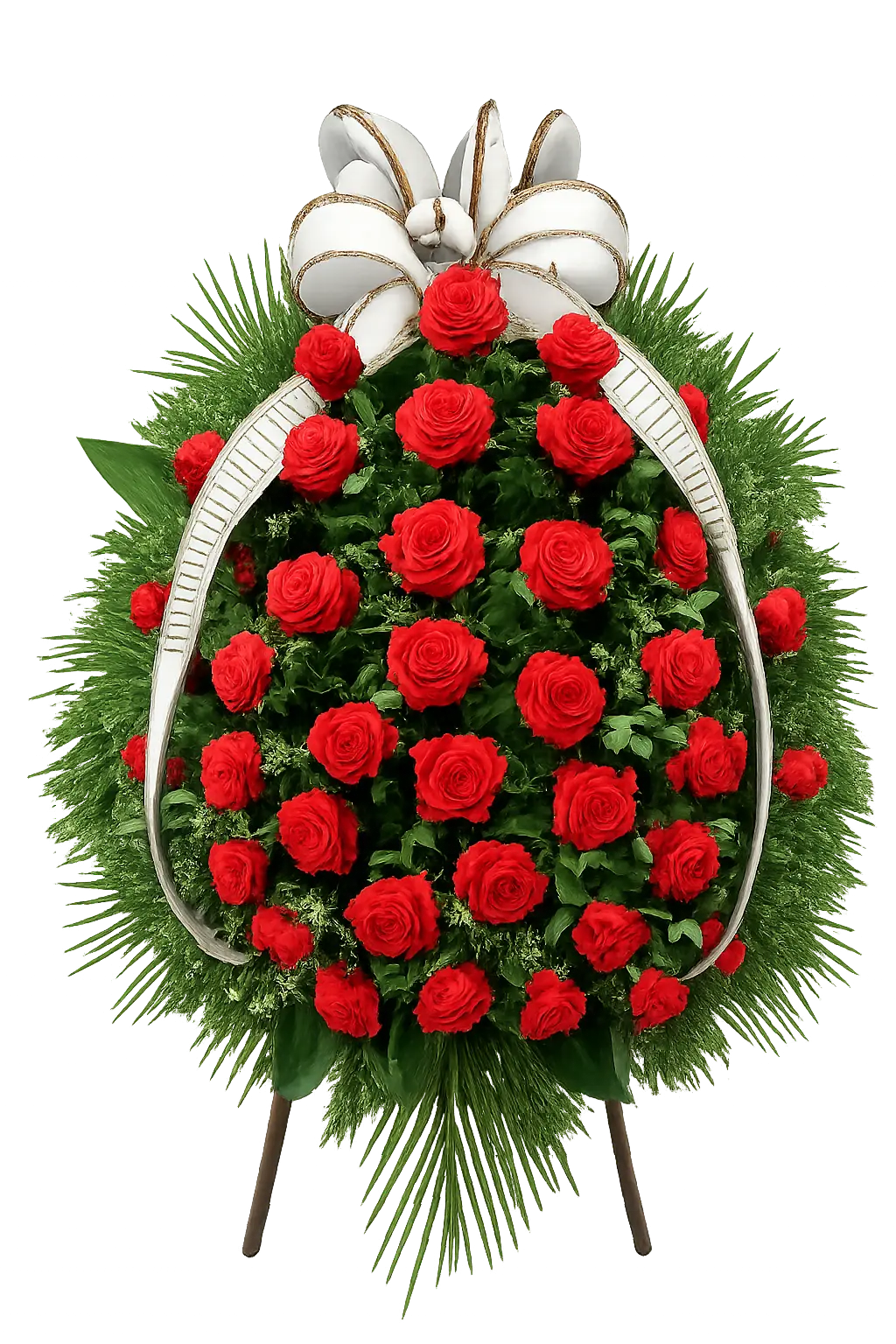 Elegancki wieniec pogrzebowy z czerwonych róż z jasną szarfą