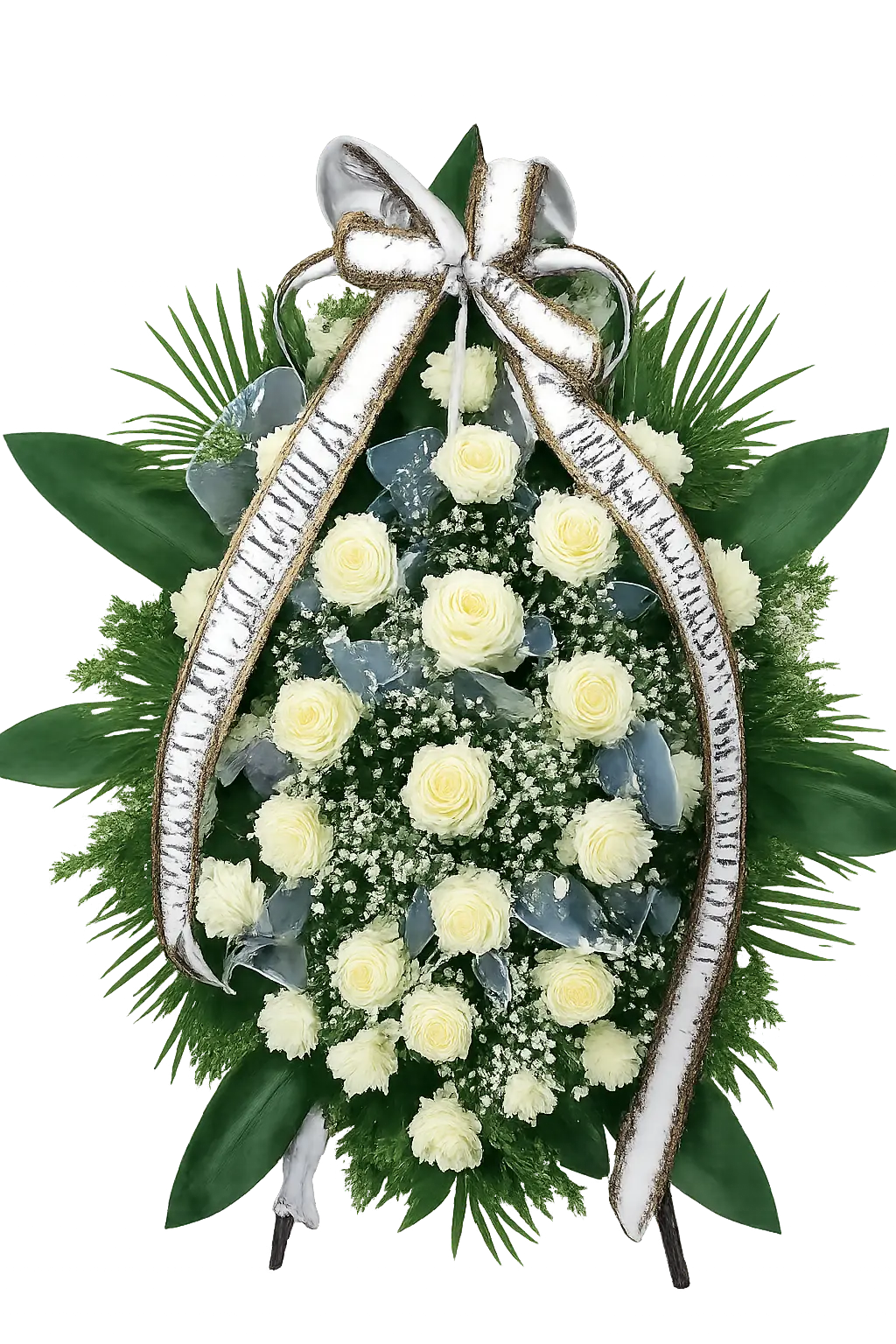 Klasyczny wieniec pogrzebowy z białych róż z elegancką jasną szarfą