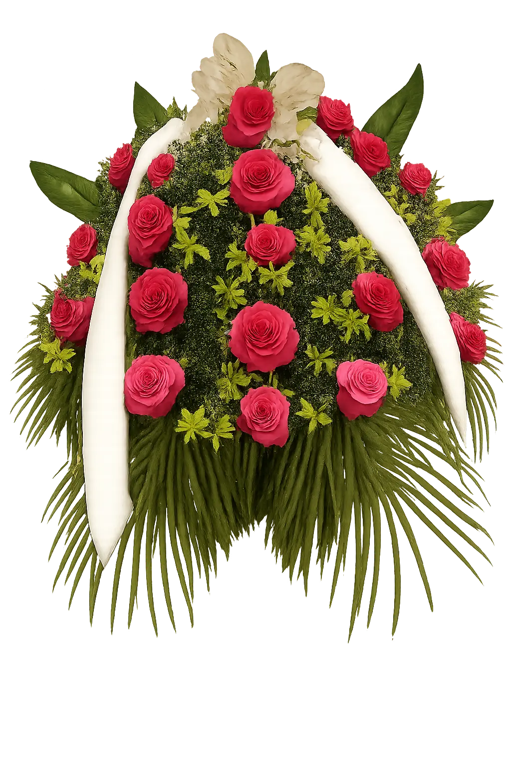 Klasyczny wieniec pogrzebowy z czerwonych róż i biała szarfa