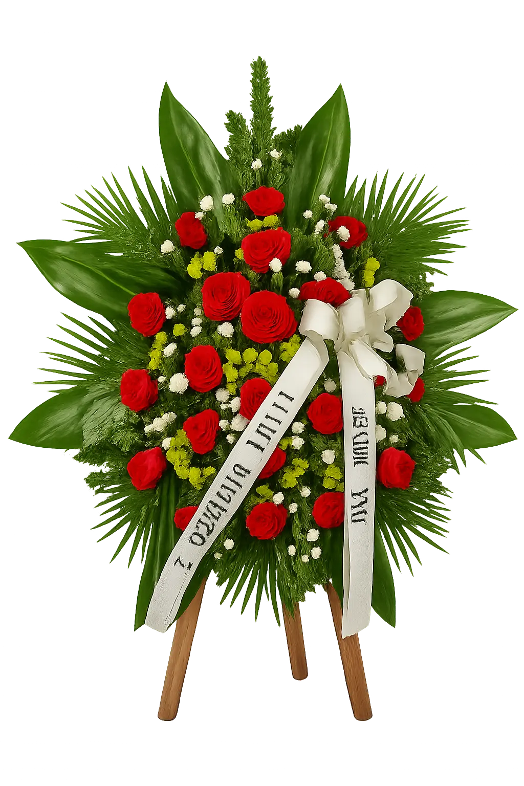 Klasyczny wieniec pogrzebowy z czerwonych róż z jasną szarfą