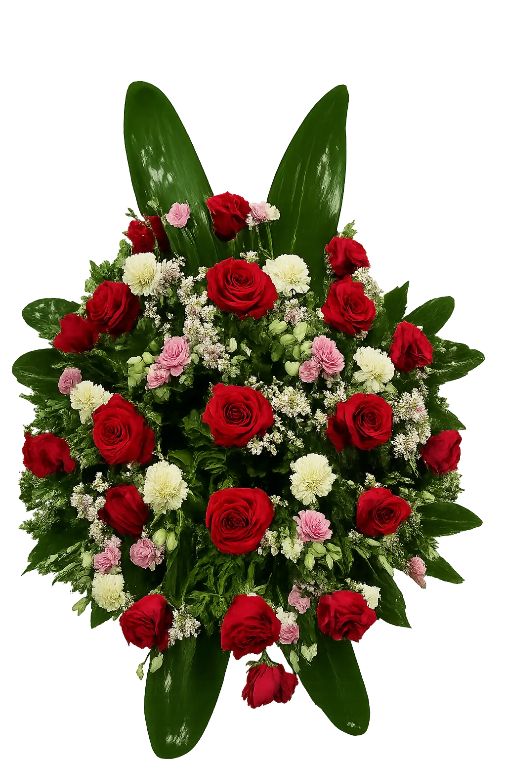 Klasyczny wieniec pogrzebowy z czerwonych róż z jasnymi akcentami