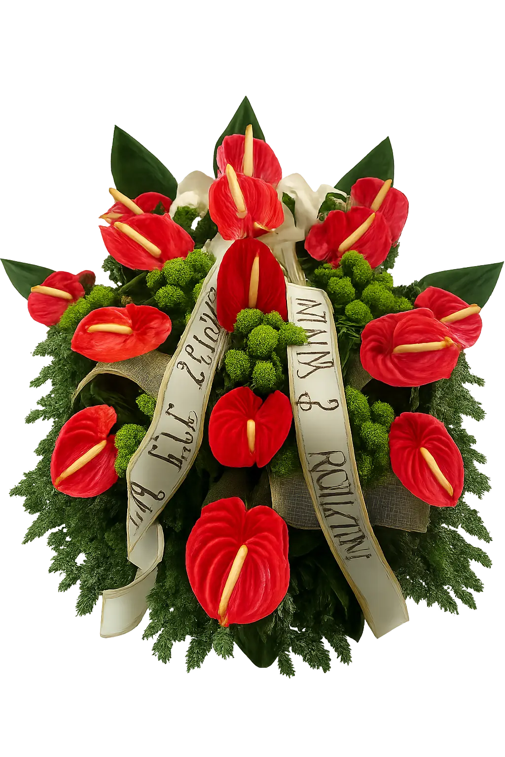 Wyrazisty wieniec pogrzebowy z czerwonych anturium z jasną szarfą